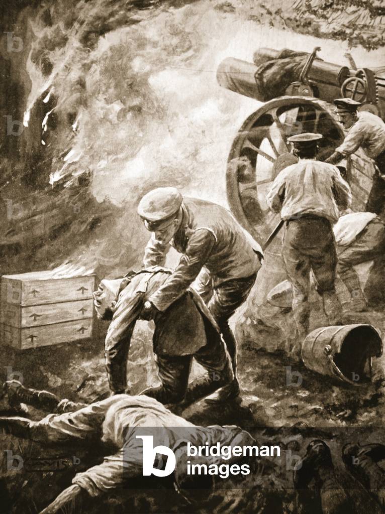 Sergeant T. Green rescuing, unaided, three severely wounded men from a burning gun-hut (litho)