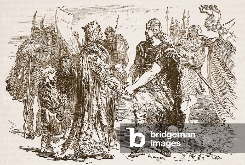 Meeting of Edmund Ironside and Canute on the Isle of Alney in the Severn in 1016, illustration from 'Cassell's Illustrated History of England' (engraving) (sepia photo)
