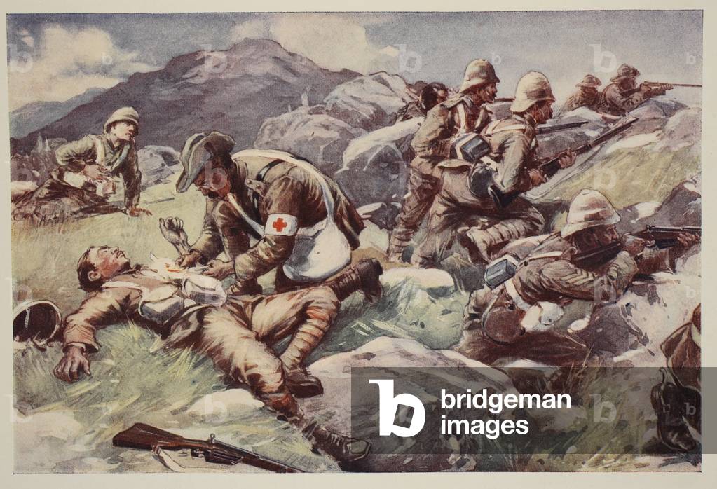 A new-combatant hero: An army doctor at work in the firing line (colour litho)