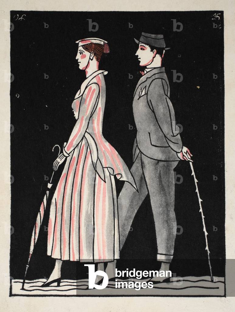 Lady and gentleman walking with umbrella and cane, Plate 2, Book 9, illustration from 'Wiener Werkstatte Mode 1914/15', pub. Eduard Kosmack, Vienna, 1914-1915 (hand-coloured linocut)