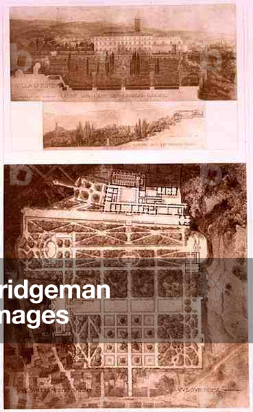 Plan and View of the Villa d'Este, Tivoli, Italy, from 'Fragments d'Architecture du Moyen Age et de la Renaissance', engraved by Jules Adolphe Chauvet (b.1828) (litho)