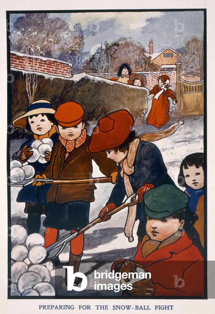 Preparing for the snow-ball fight (colour litho) C20th by English Artist