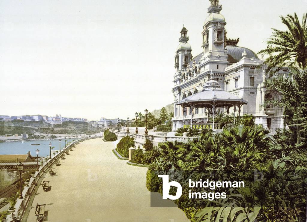 Side view of Monte Carlo Casino in Monaco, 1890-1900 (chromolitho)