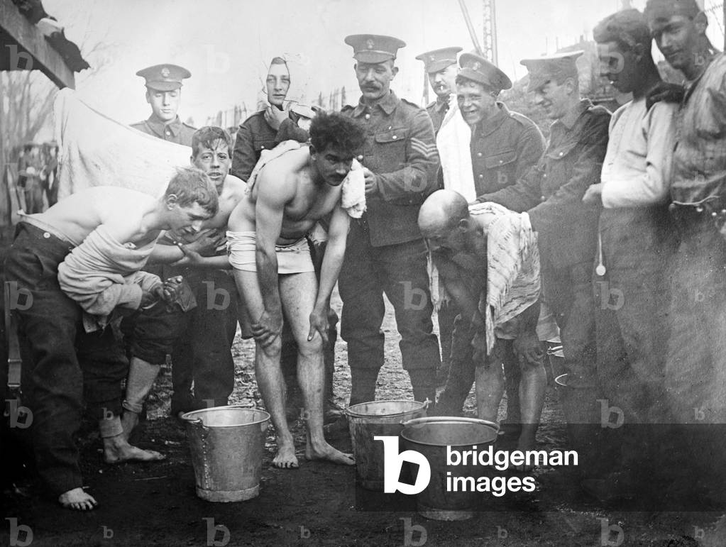 British soldiers having a wash at camp, c.1914-18 (b/w photo)