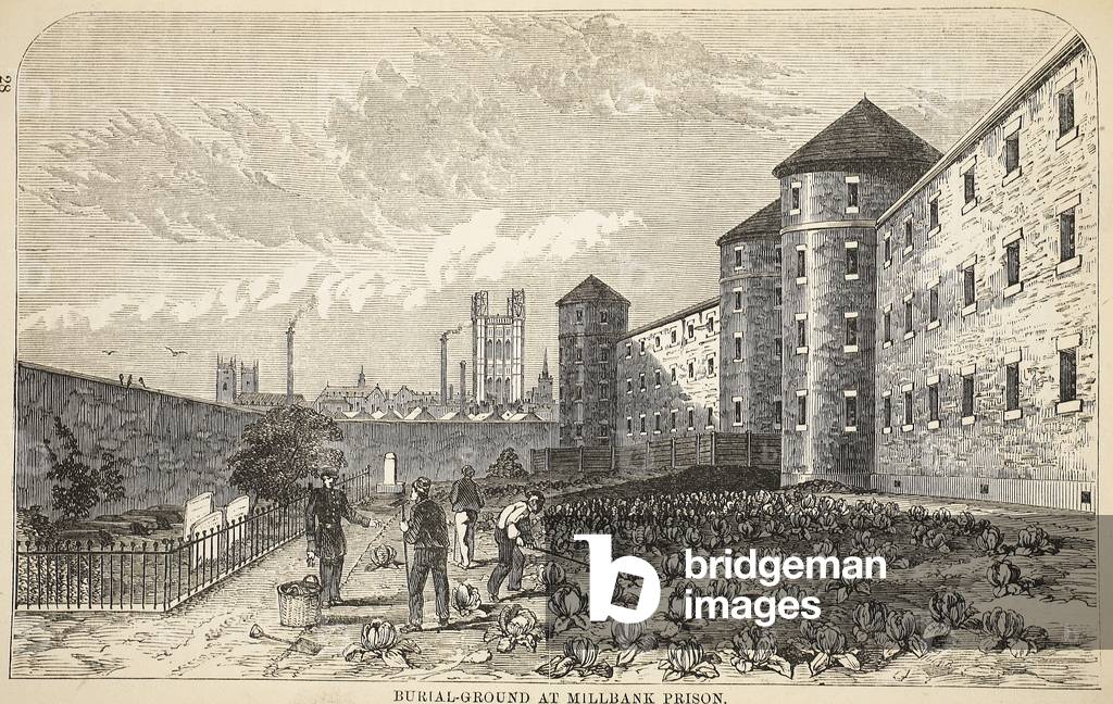 Burial-ground at Millbank Prison, illustration from 'The Criminal Prisons of London and Scenes from Prison Life' by Henry Mayhew and John Binny, pub. 1862 (engraving)