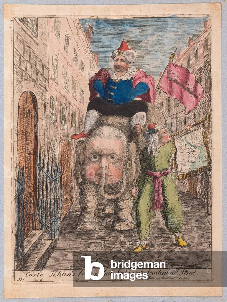 Carlo Khan's Triumphal Entry into Leadenhall Street, pub. 1783 (hand coloured engraving)