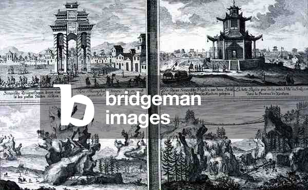 Four Views showing a Chinese Triumphal Arch, a Pagoda at Sinkicien in the Province of Xantum, Artificial Mountains and Caves and a Chain Bridge near the town of Kingtung, China, from 'Entwurf einer historischen Architektur', engraved by Johann Adam Delsenbach (1687-1765), 1721 (engraving)