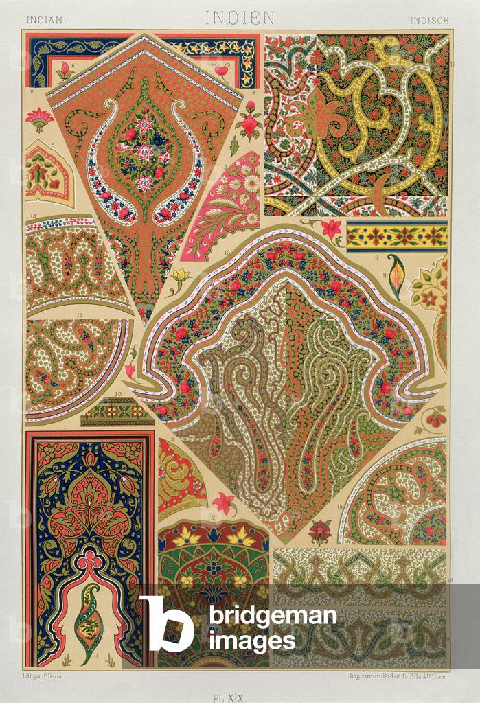 Indische Dekoration, Platte XIX aus 'Polychrome Ornament', graviert von F. Durin, veröffentlicht Paris, 1869 (