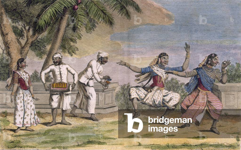 A troupe of Bayaderes, or Indian dancing girls, with male musicians, illustration from 'Voyage aux Indes et a 