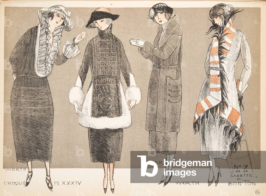 Designs by Worth and Beer, from a Collection of Fashion Plates, 1920 (pochoir print)
