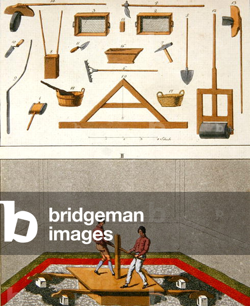 Illustration of tools and workmen laying a floor, from 'Praktische Anweisung zur Verfertigung der Venezianischen Estriche' by C.H. Platen, 1810 (hand-coloured engraving)
