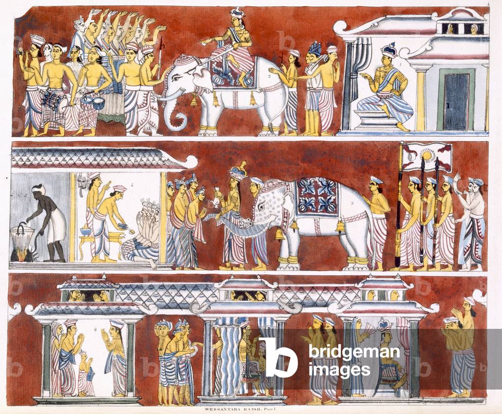 Wessantara Rajah, Part I, from 'The History and Doctrine of Buddhism' by Edward Upham, 1829 (colour litho) (see also 414242)