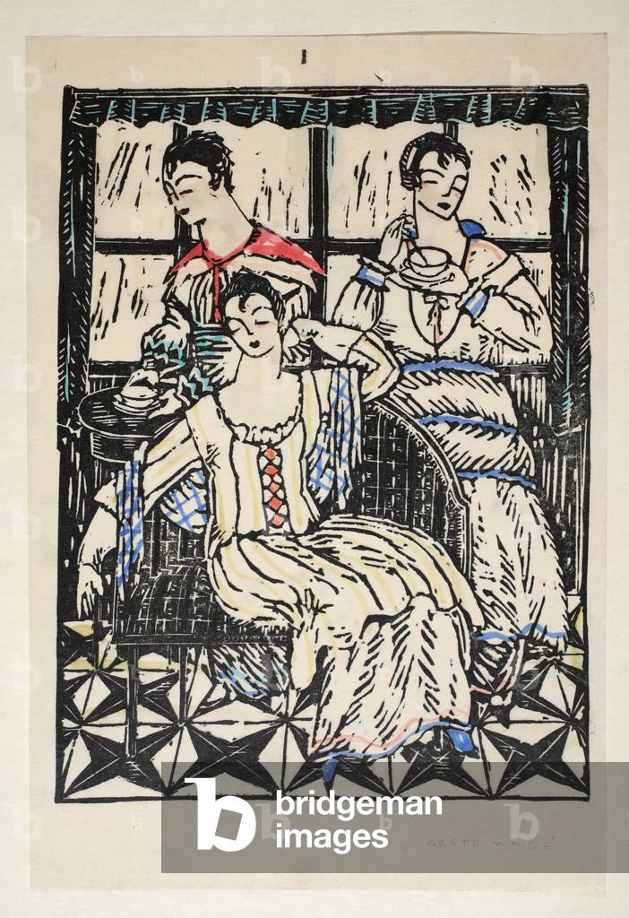 Three women enjoying tea, Plate 1, Book 5, illustration from 'Wiener Werkstatte Mode 1914/15', pub. Eduard Kosmack, Vienna, 1914-1915 (hand-coloured linocut)