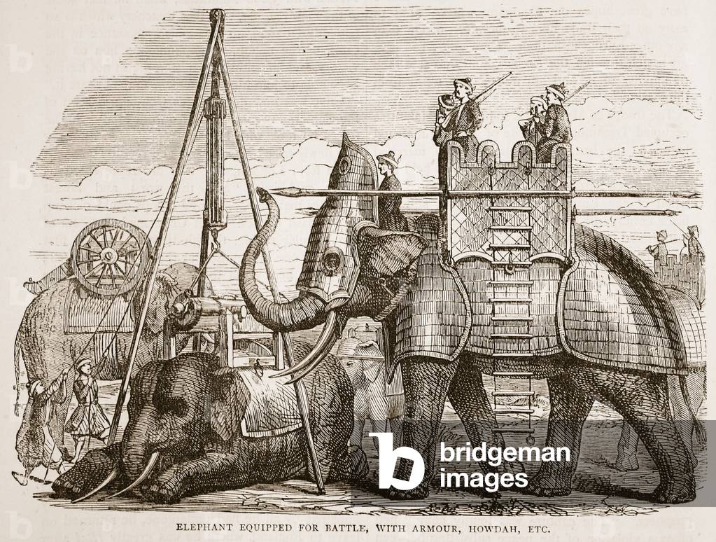 Elephant equipped for battle, with armour, howdah, etc., illustration from 'Cassell's Illustrated History of India' by James Grant, pub. 1879 (litho)
