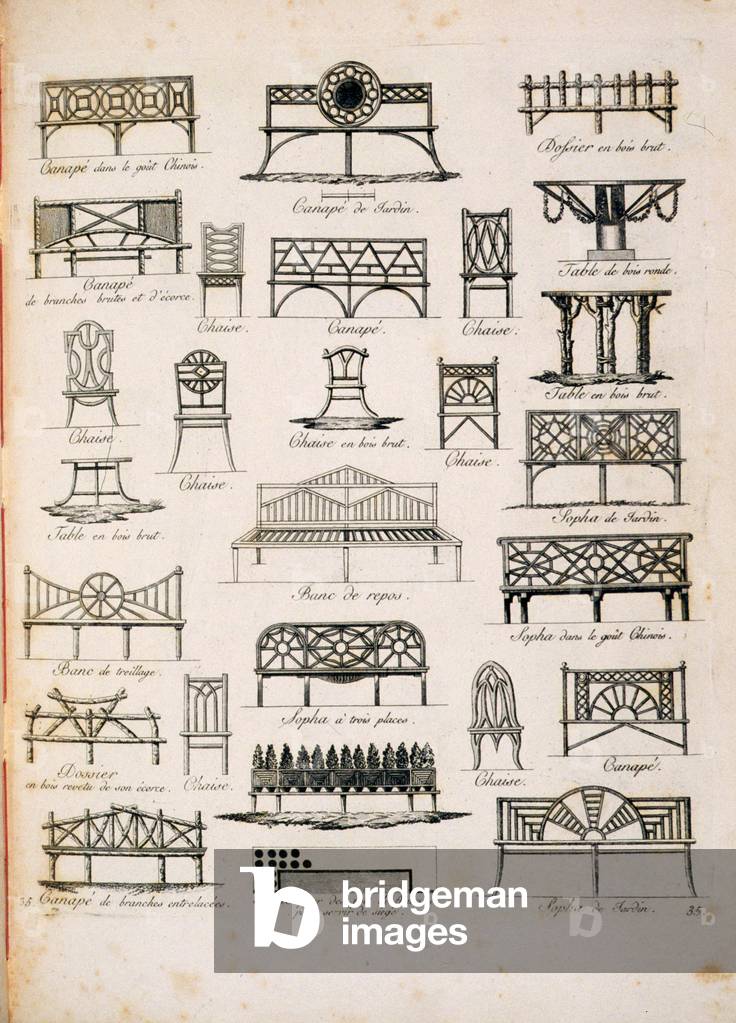 Designs für Gartensitze, von 'A Compendium of Drawings', von J.G. Grohmann, veröffentlicht 1805 (Gravur)