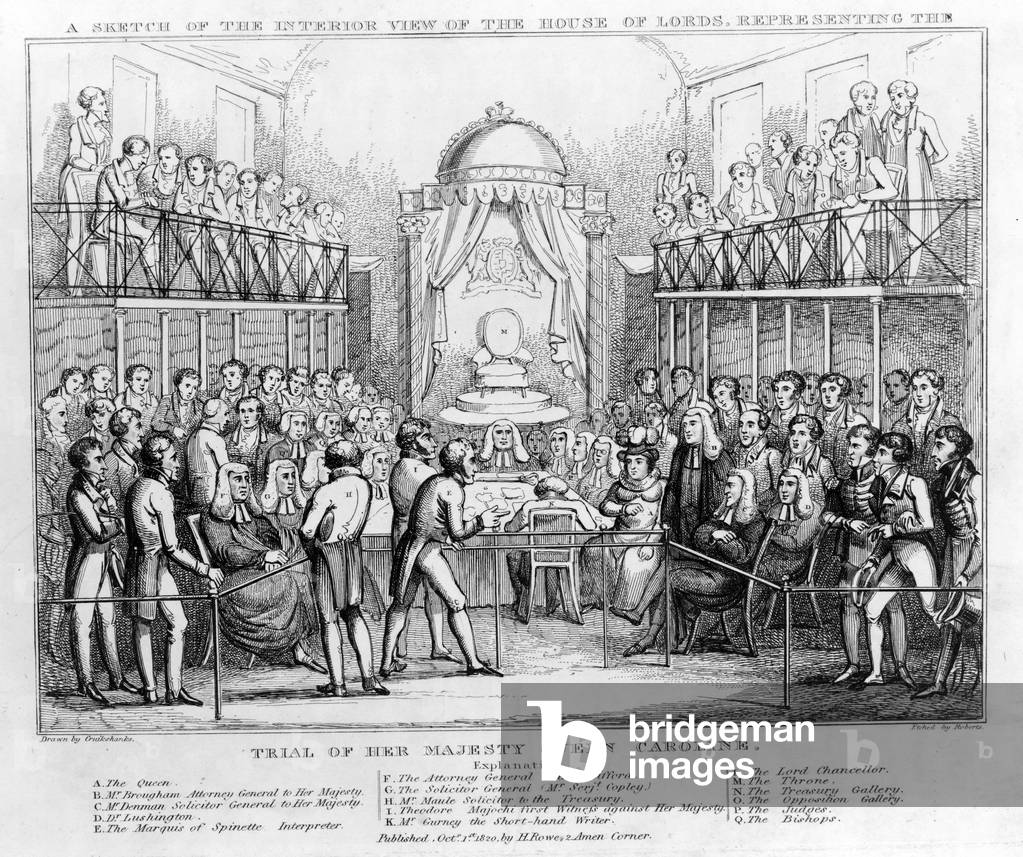 A Sketch of the Interior View of the House of Lords, representing the Trial of Her Majesty Queen Caroline, pub. 1820 (b/w engraving)