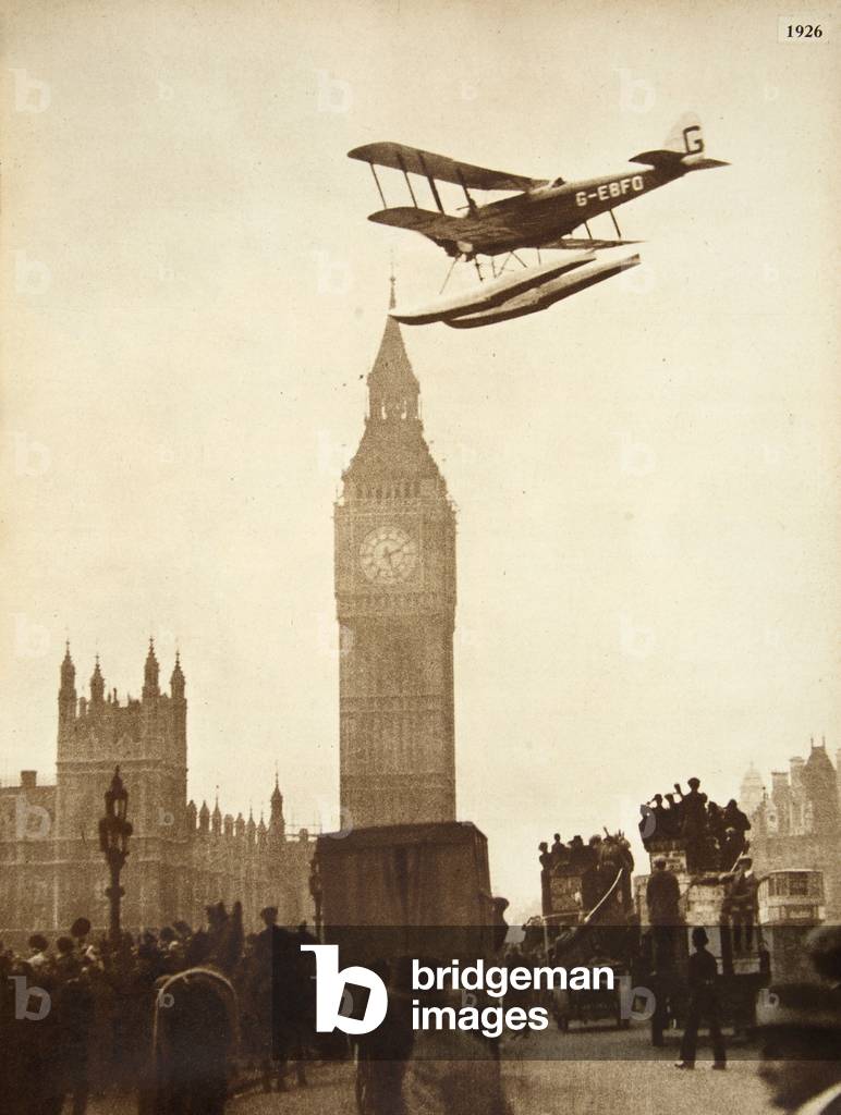 Alan Cobham coming in to land on the Thames at Westminster, London, 1926 (b/w photo)