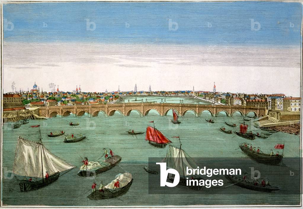 Westminster Bridge, London, early to mid 18th century (coloured engraving)