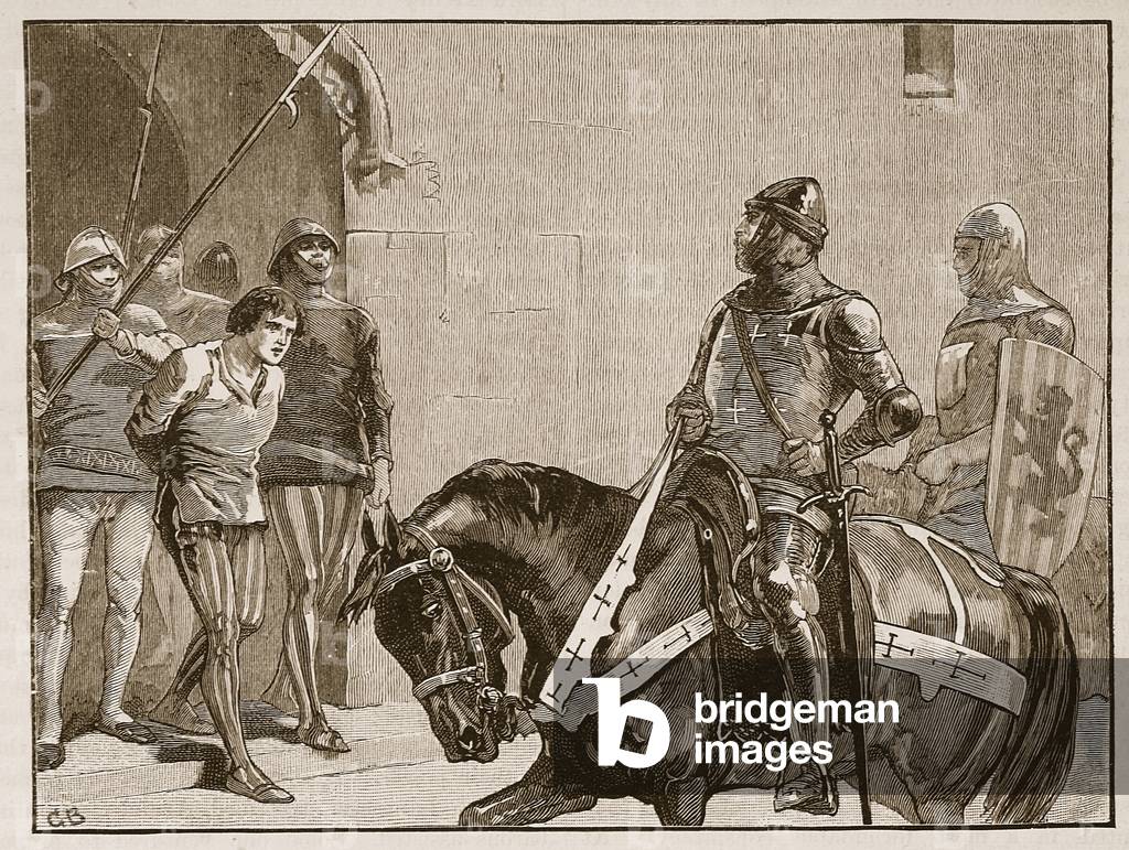 Piers Gaveston before the Earl of Warwick, illustration from 'Cassell's Illustrated History of England' (engraving) (sepia photo)