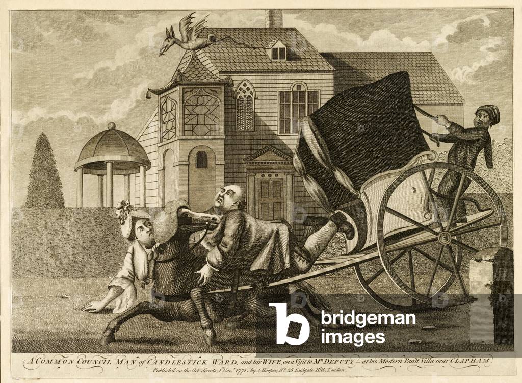 A Common Council Man of Candlestick Ward, and his Wife, on a Visit to Mr. Deputy - at his Modern Built Villa near Clapham, pub. 1771 (engraving)
