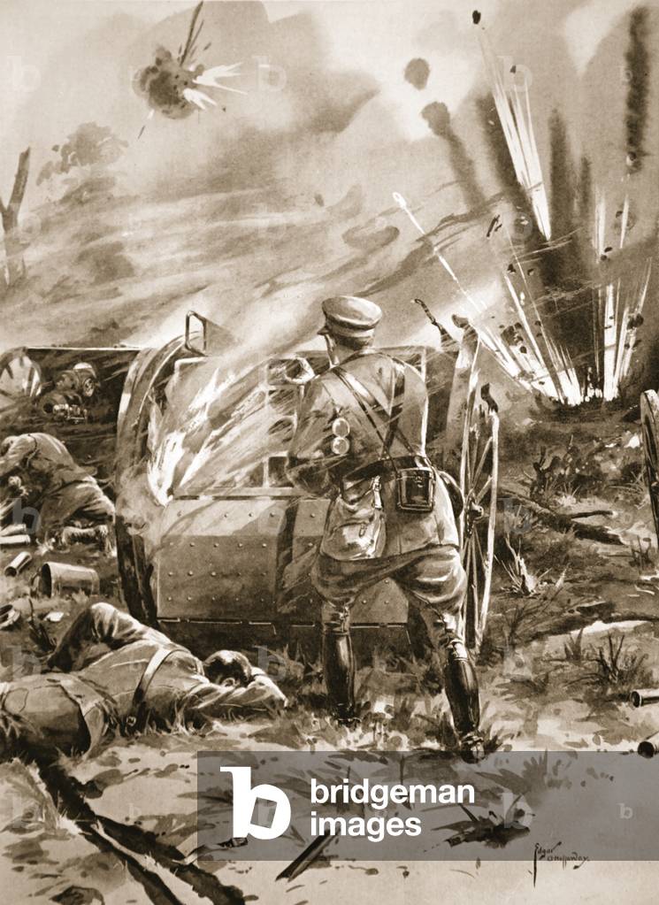 Major Warren removing cartridges from a blazing ammunition wagon at great personal risk (litho)