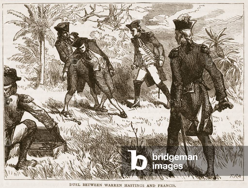Duel between Warren Hastings and Francis, illustration from 'Cassell's Illustrated History of India' by James Grant, pub. 1879 (litho)
