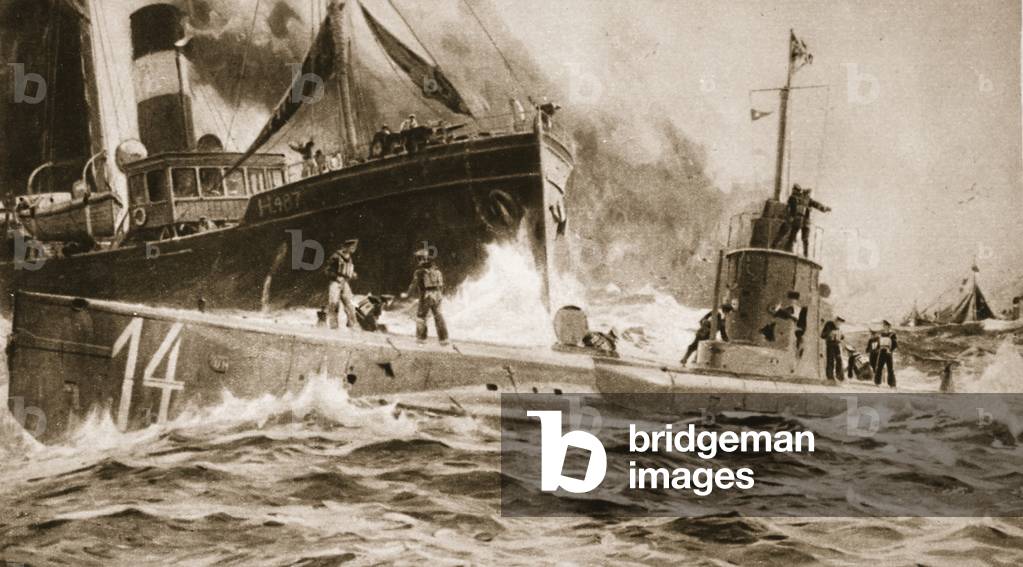 The fate of 'U14', hammered by a British trawler, from 'The Illustrated War News' (litho)