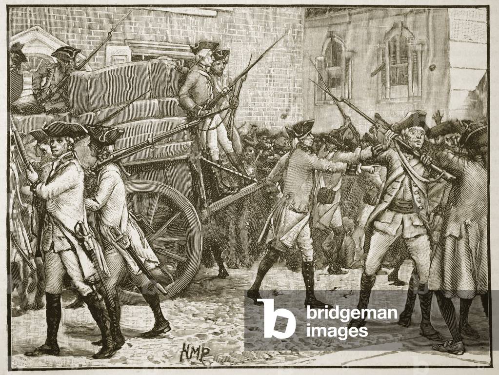 Troops escorting the stamped paper to the City Hall, New York, 1766, illustration from 'Cassell's Illustrated History of England' (engraving) (sepia photo)