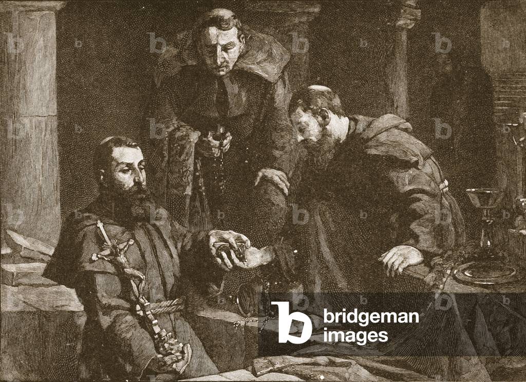 Hiding treasure at the suppression of a monastery, illustration from 'The Church of England: A History for the People' by H.D.M. Spence-Jones, pub. c.1910 (litho) (sepia photo)