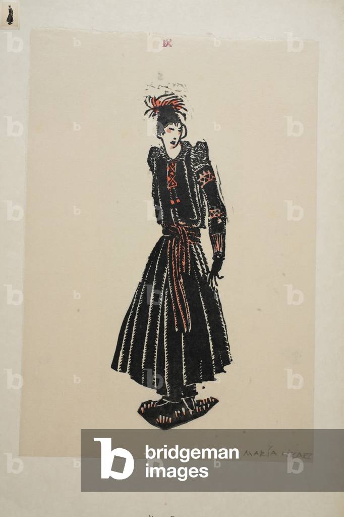 Design for a walking dress, Plate 9, Book 2, illustration from 'Wiener Werkstatte Mode 1914/15', pub. Eduard Kosmack, Vienna, 1914-1915 (hand-coloured linocut)