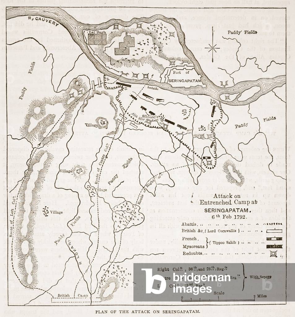 Plan of the attack on Seringapatam, illustration from 'Cassell's Illustrated History of India' by James Grant, pub. 1879 (litho)