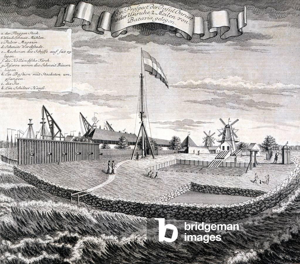 Dutch East India Company wood or saw mill on the island two miles from Batavia called 'Onrost' or 'Unruhe' with shipping behind, from a series of views of Batavia 'Schau-platz von Africa und Ost-Indien', published 1744 (engraving)