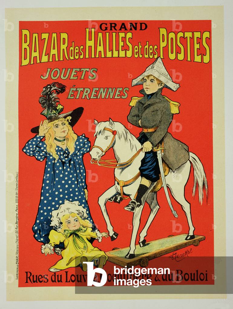 Reproduction of a poster advertising the 'Grand Bazar des Halles et des Postes', Paris, 1899 (colour litho)