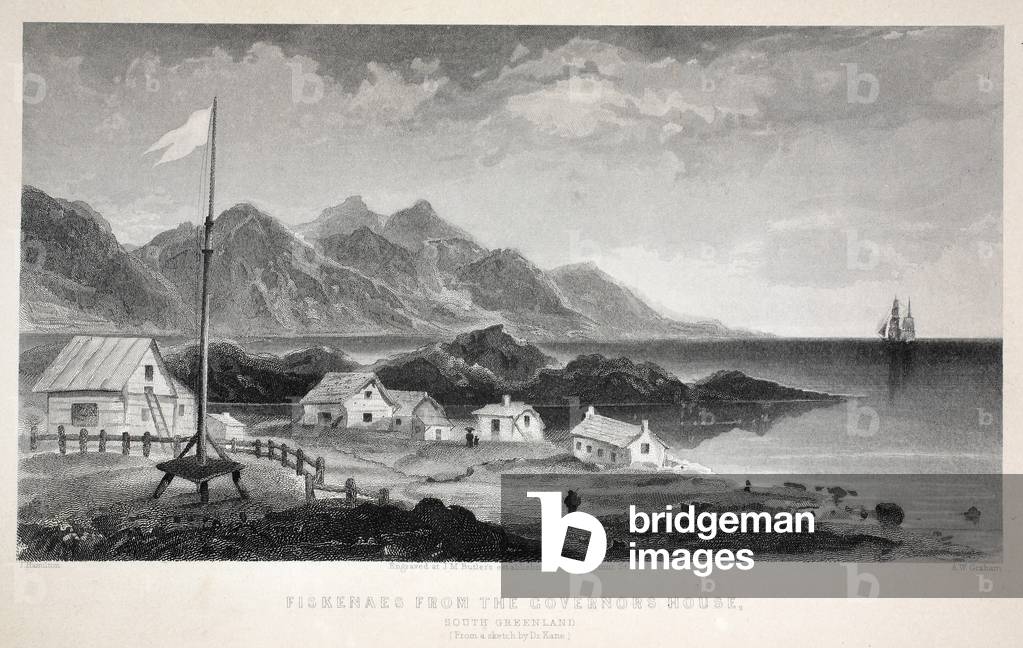 Fiskenaes from the Governor's House, illustration from 'The second Grinnell Expedition in Search of Sir John Franklin...', 1856 (engraving)
			
