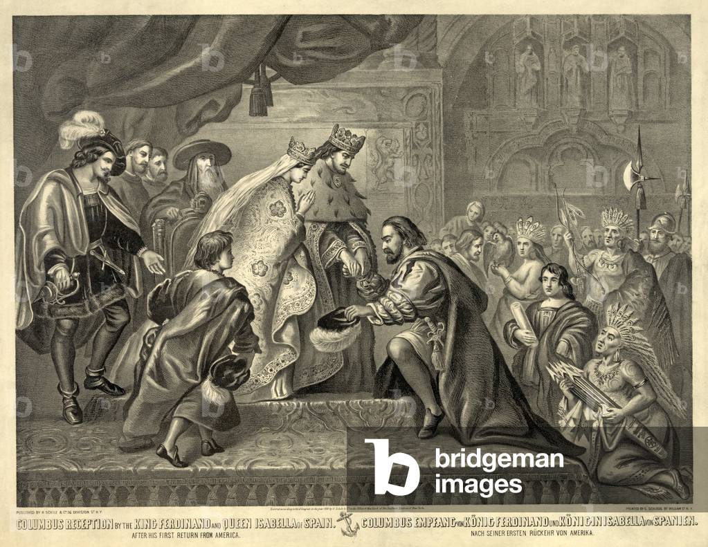 Columbus reception by the King Ferdinand and Queen Isabella of Spain after his first return from America in 1493, pub.1870 (litho)	