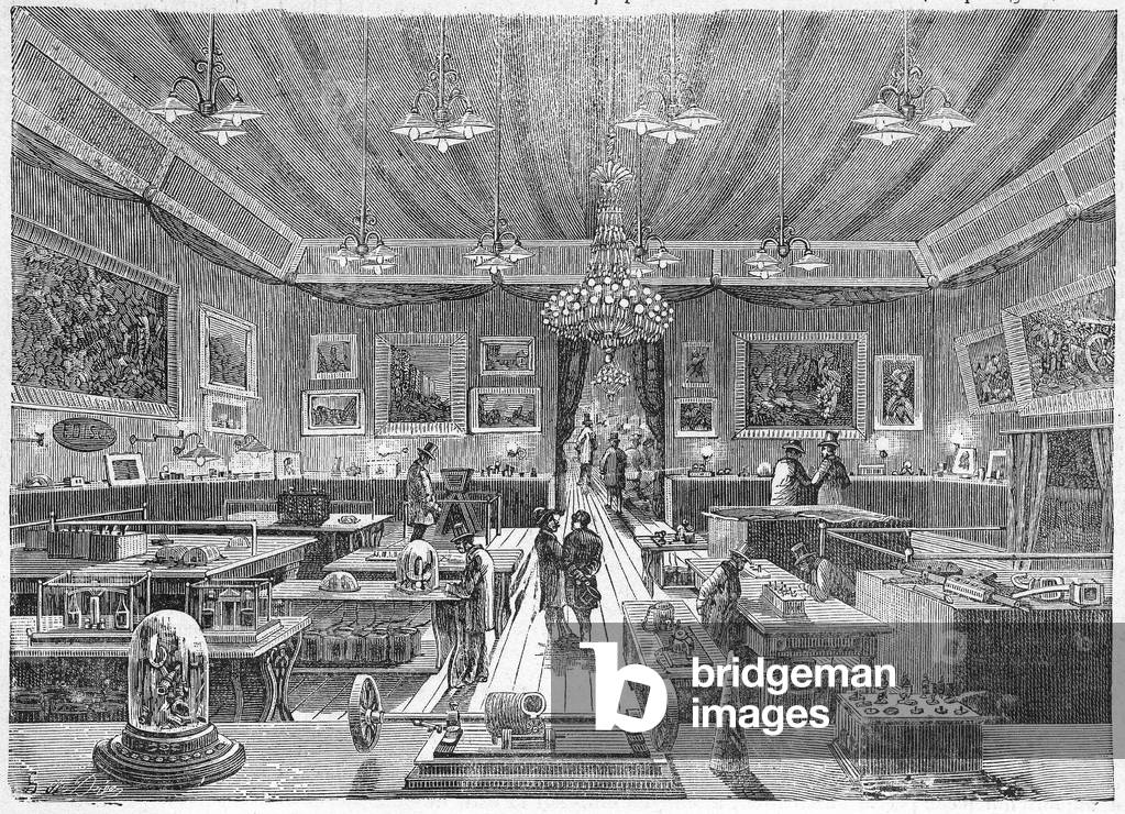 Inside the Palais de l'Industrie, Paris,  during the 1881 Electricity Exhibition, pub. c. 1885 (engraving)