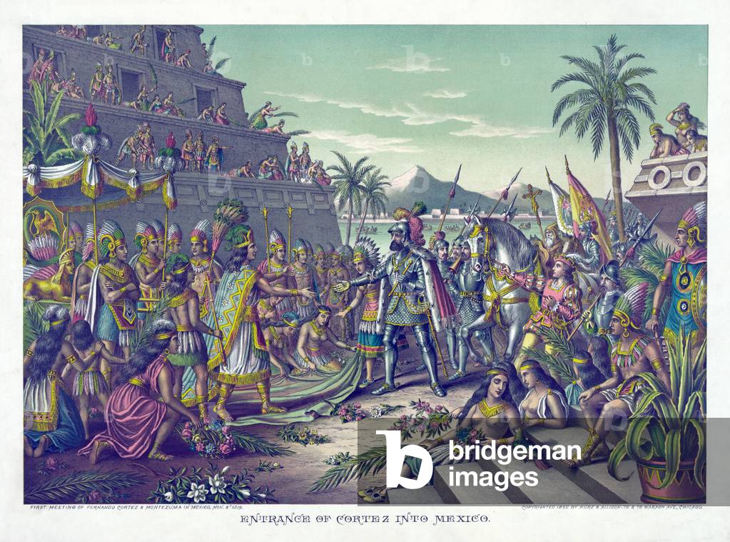 Entrance of Cortez into Mexico, pub. 1890 (colour litho)