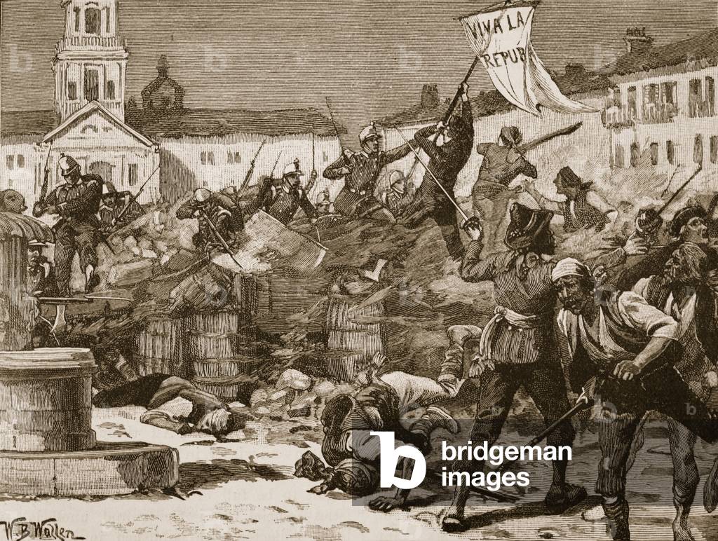 Street Fighting in Malaga, 1869, illustration from 'Cassell's Illustrated History of England' (engraving) (sepia photo)