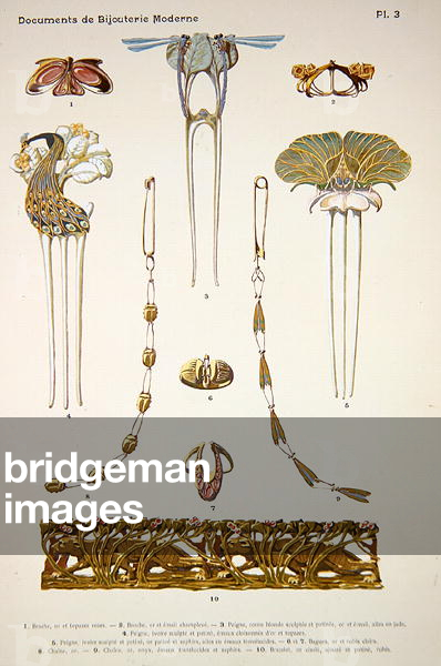 Jewellery designs, plate 3 from 'Documents de Bijouterie et Orfeverie modernes', published by Henri Laurens, Paris, c.1900 (tinted chromolitho)