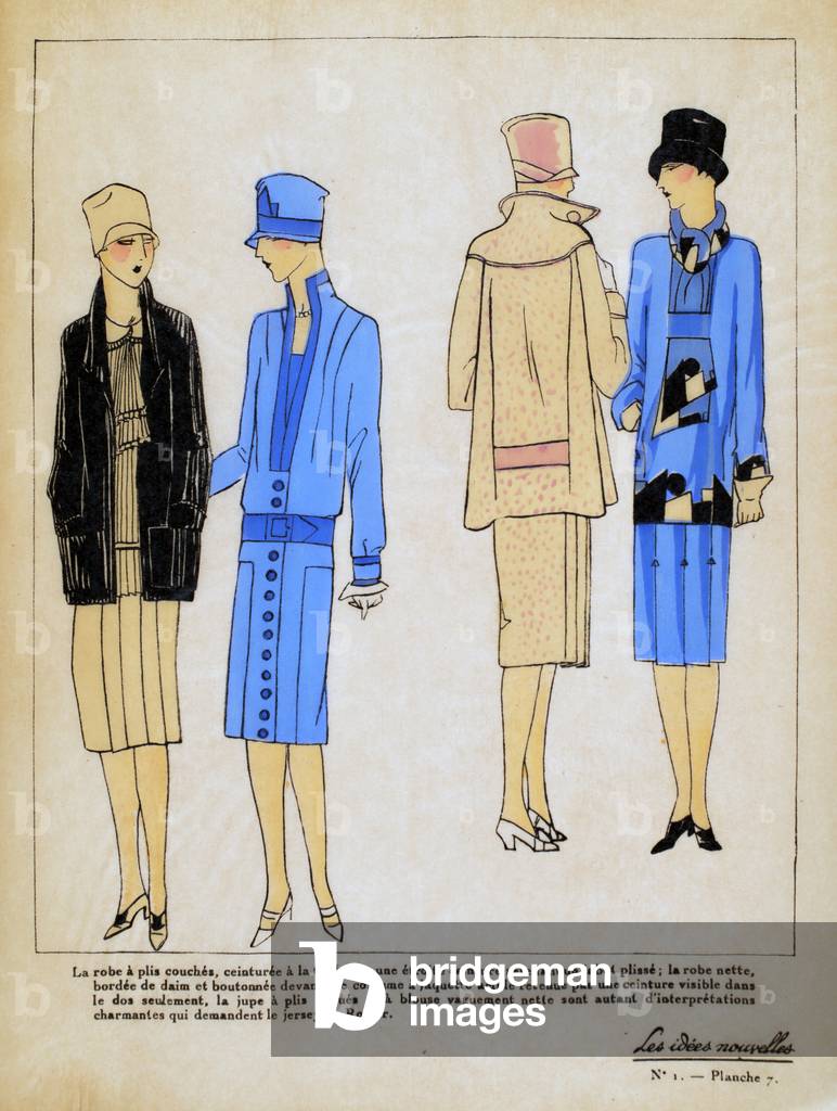 Four designs for coats and dressing showcasing Rodier, Les Idées Nouvelles, 1928 (pochoir print on tissue paper)