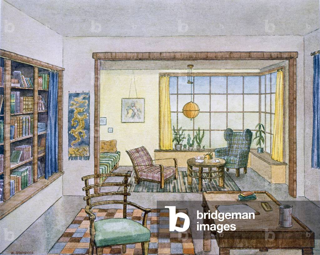 Library, by W. Schneider, from 'Modern Interiors in Colour', published by Julius Hoffman, Stuttgart, 1929 (colour litho)