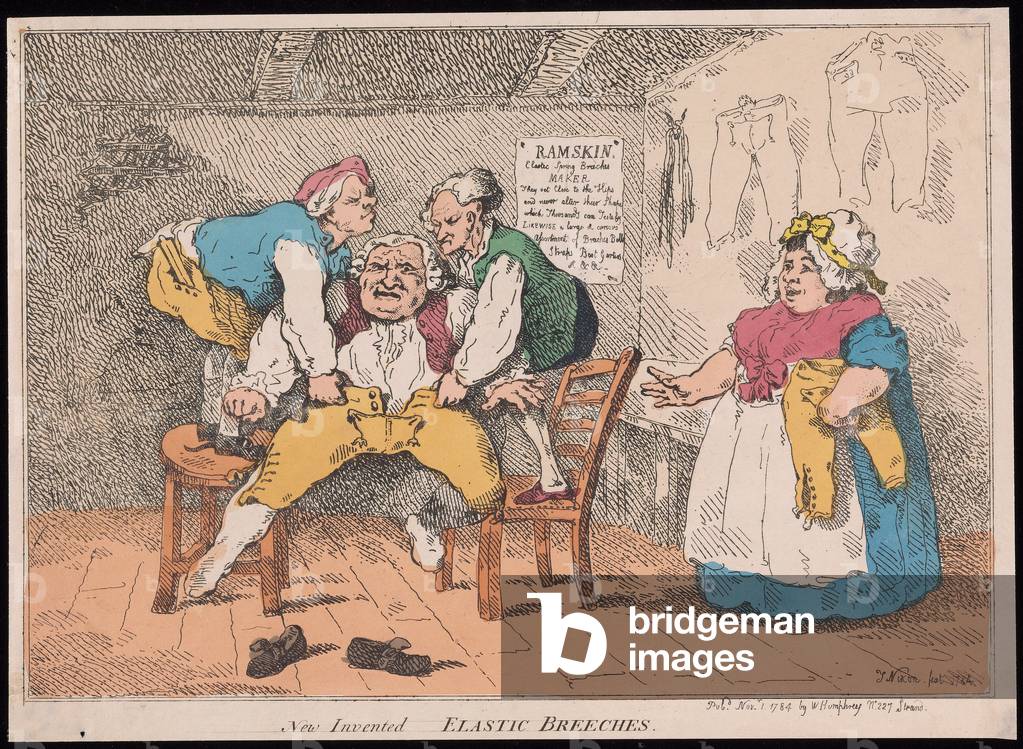 New Invented - Elastic Breeches, pub. 1784 (hand coloured engraving)