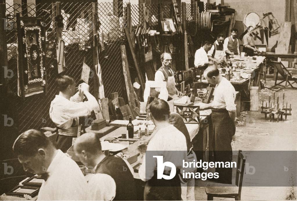 Prisoners Making Models and Toys, Alexandra Palace, illustration from 'German Prisoners in Great Britain' (photogravure)