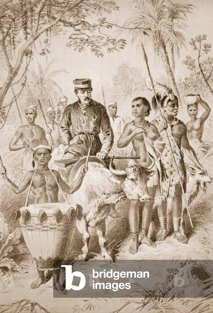 Livingstone weak from fever escorted to Shinte's town (litho)