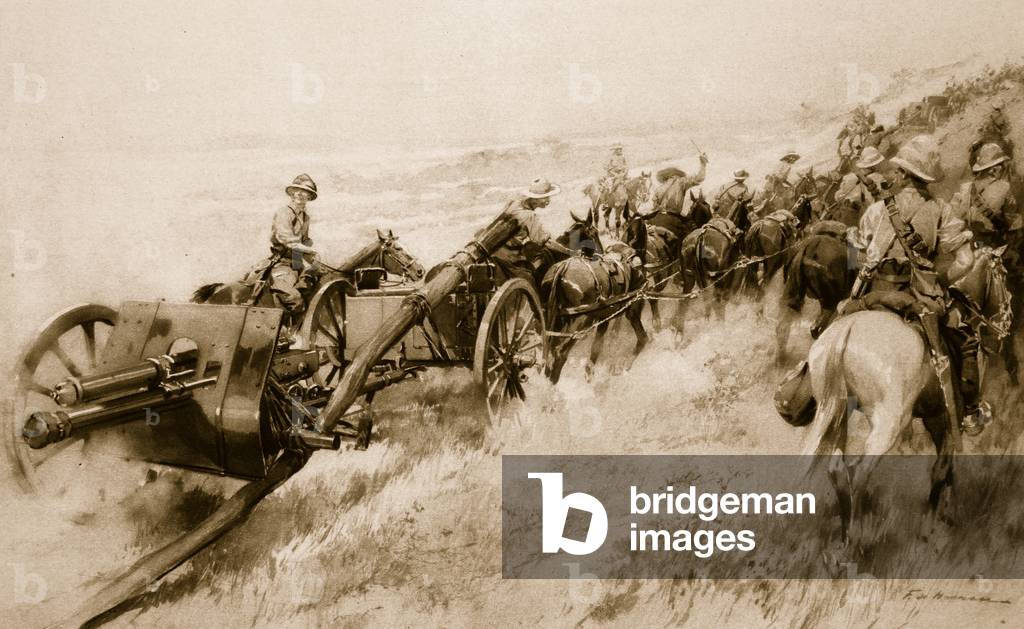 Keeping its place in the Kilimanjaro column: 13-pounder gun treks on three wheels and a tree trunk (litho)