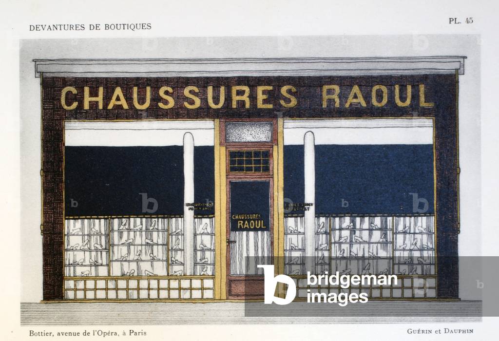 Bootmaker, plate 45, illustration from 'Devantures de Boutiques' by Louis-Pierre Sezille, Paris, 1927 (colour litho)