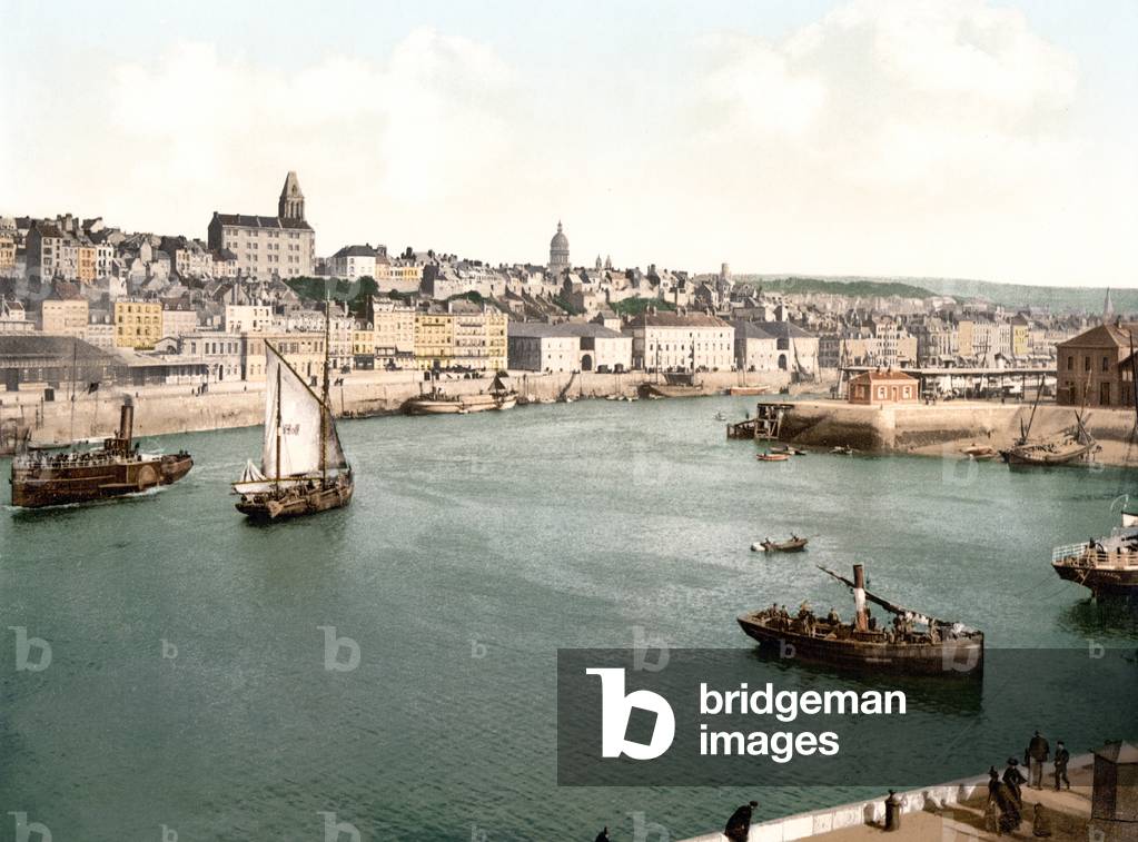 View of the port of Boulogne sur Mer with the Cathedral dome in the background, pub. c.1895 (postcard chromolithograph)