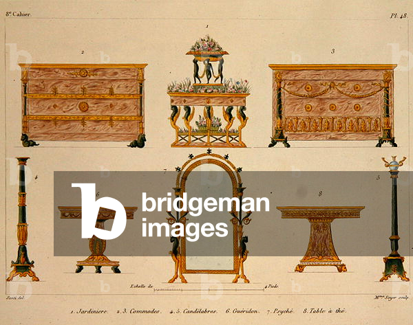 Furniture designs, engraved by Mme Soyer, plate 48 from 'Modeles de Meubles et de decorations interieures pur les meubles', published 1828/41 (colour litho)