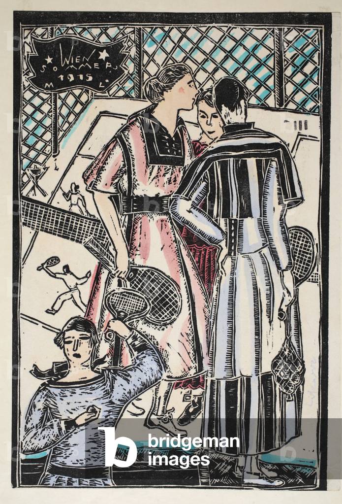 Wien Sommer, 1915, Plate 3, Book 9, illustration from 'Wiener Werkstatte Mode 1914/15', pub. Eduard Kosmack, Vienna, 1914-1915 (hand-coloured linocut)