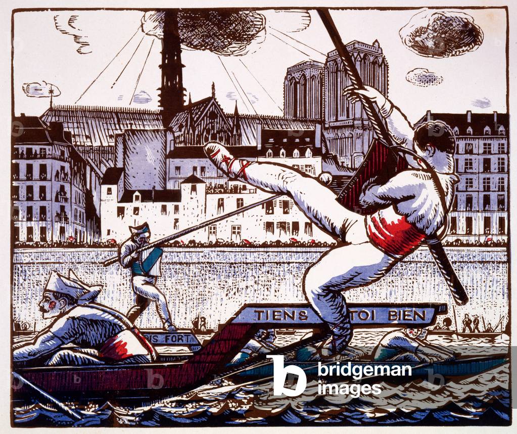 A jousting contest at a river festival on the Seine, Paris, c.1890-1920 (colour woodblock print)